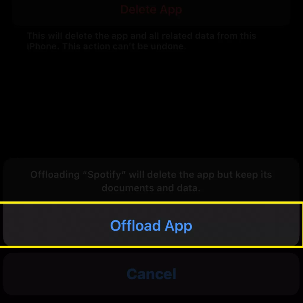 clear app cache data iphone confirm offload