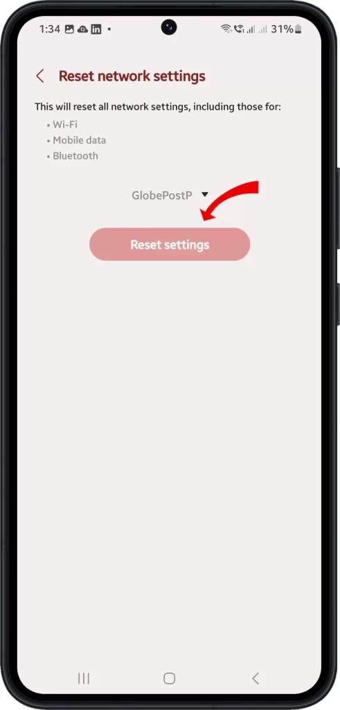 confirm reset network settings s21
