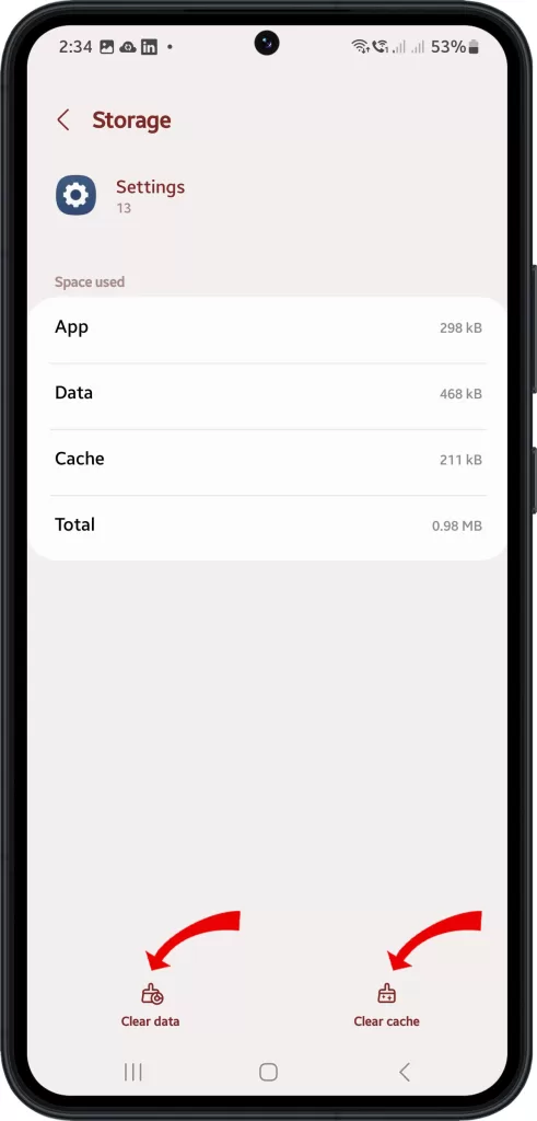 clear cache and data Settings app Samsung Galaxy