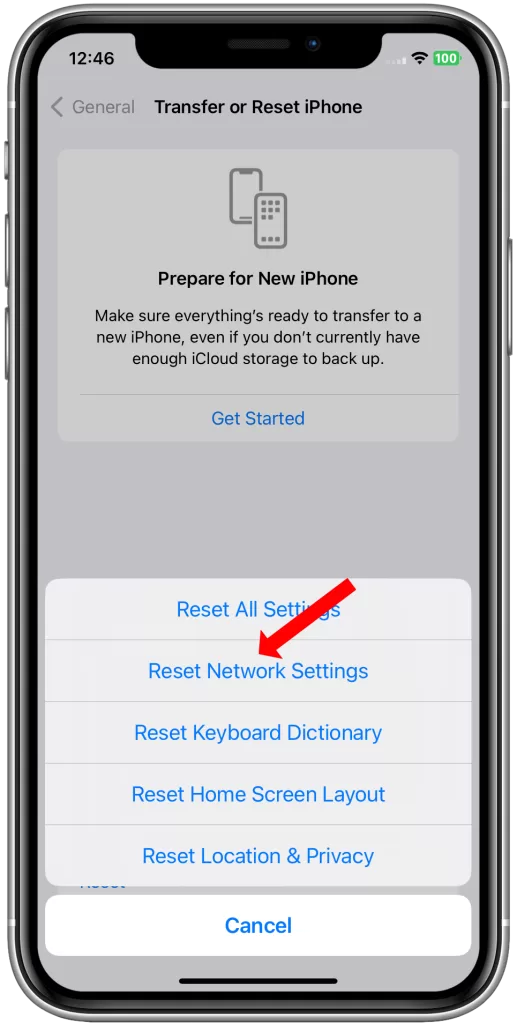 tap reset network settings
