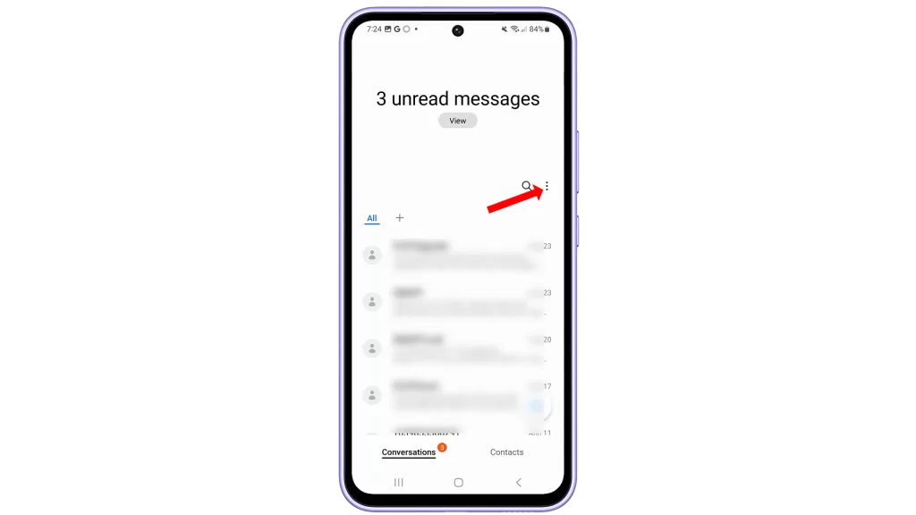 While in the Messages app's main screen, tap the triple-dot icon to view the quick menu options.