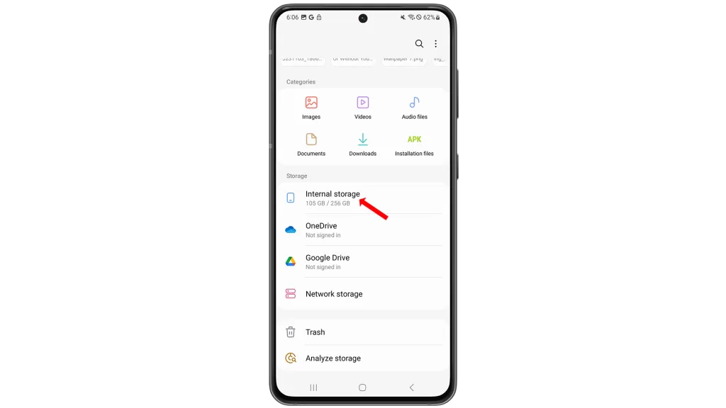 While on the My Files app menu, scroll down and then tap on Internal Storage. Another menu opens, highlighting all built-in storage locations or directories.