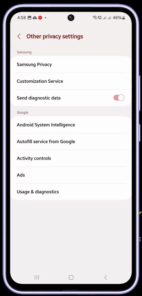 disable personalized services galaxy a50